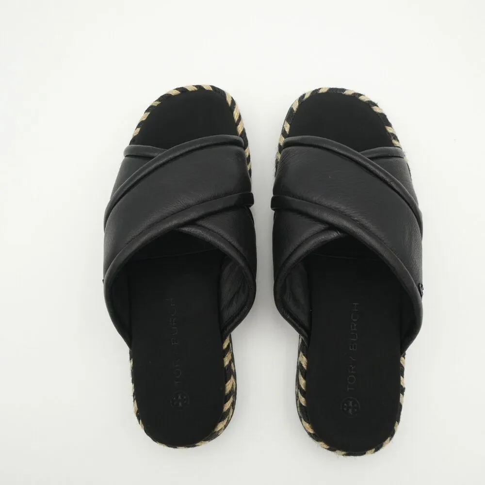 Tory Burch Criss Cross Women's 8 Leather Espadrille Slide Sandals Black Leather